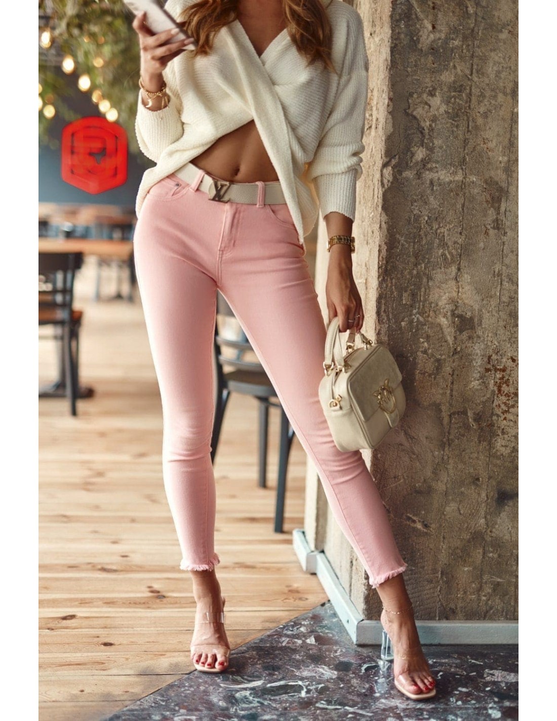 Pantaloni din denim roz montat 5013 - Magazin online - Boutique